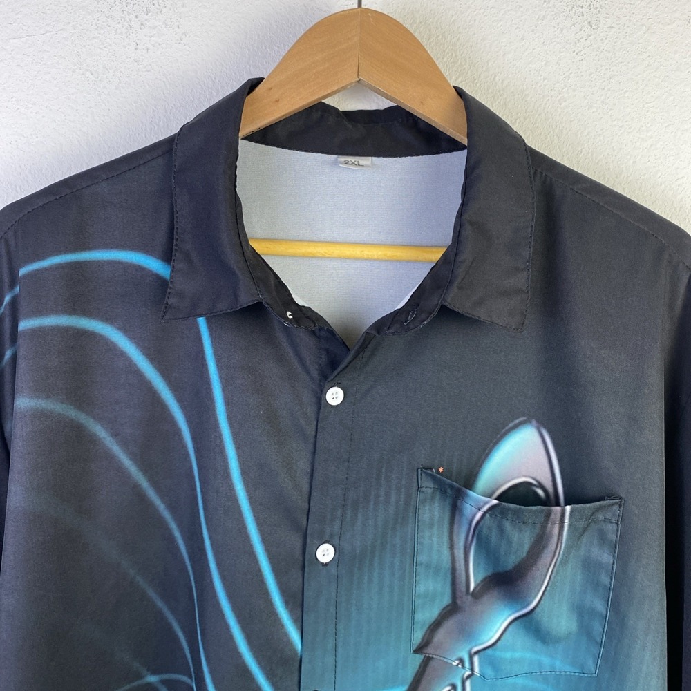 Hawaiian Shirts Men 2XL Black Teal SS Button Up Music Note Graphic Camp Beach - Picture 5 of 10